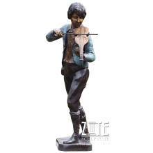 Garden metal statue bronze boy child playing violin sculpture